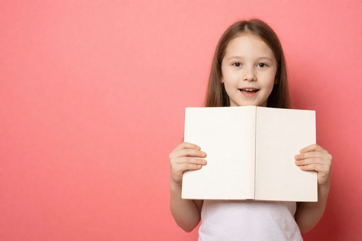 Девочка держит раскрытую книгу и смотрит в камеру, коралловый фон